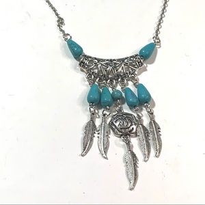 Southwest Native Pendant Necklace Faux Turquoise Dangling Feathers & Rose Charms